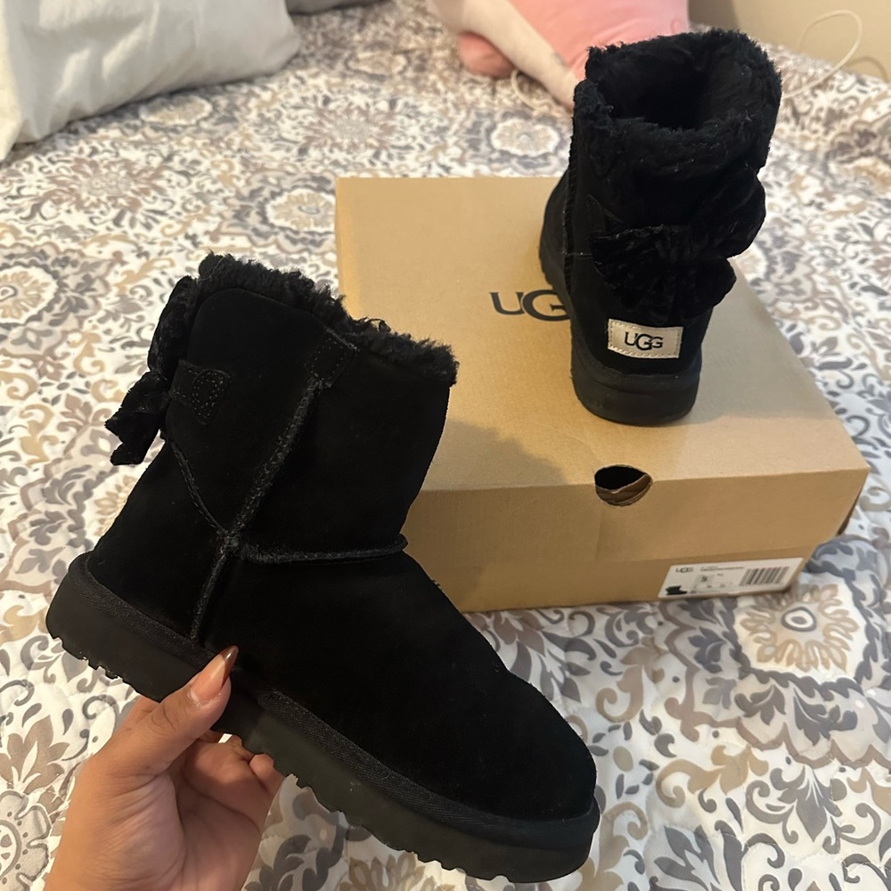 UGG Black Suede Boots with Furry Bow